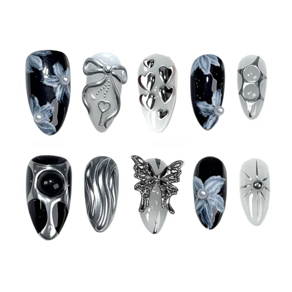 Nailhour 24Pcs Black 3D Gothic Chrome Medium Almond Press On Nails