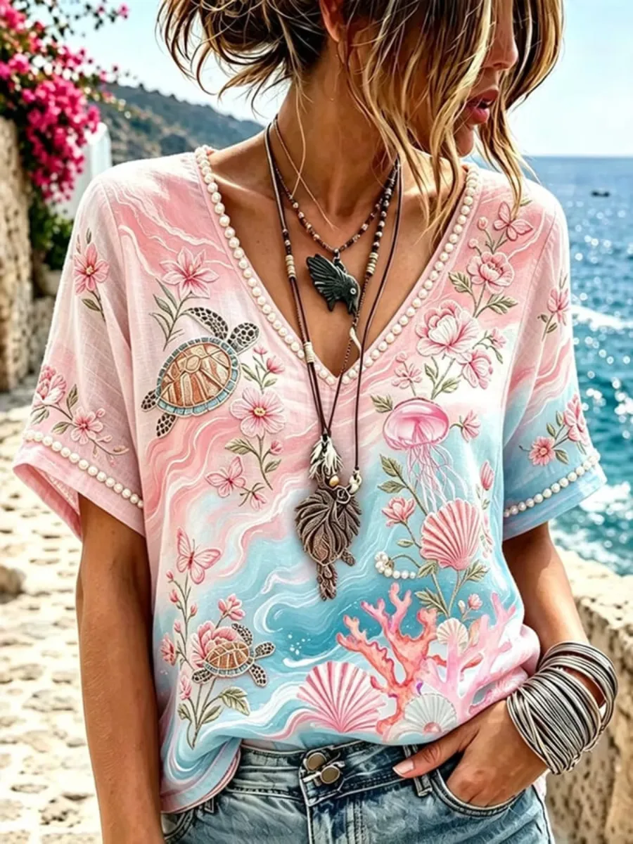 Women's Turtle Casual Print V Neck Top