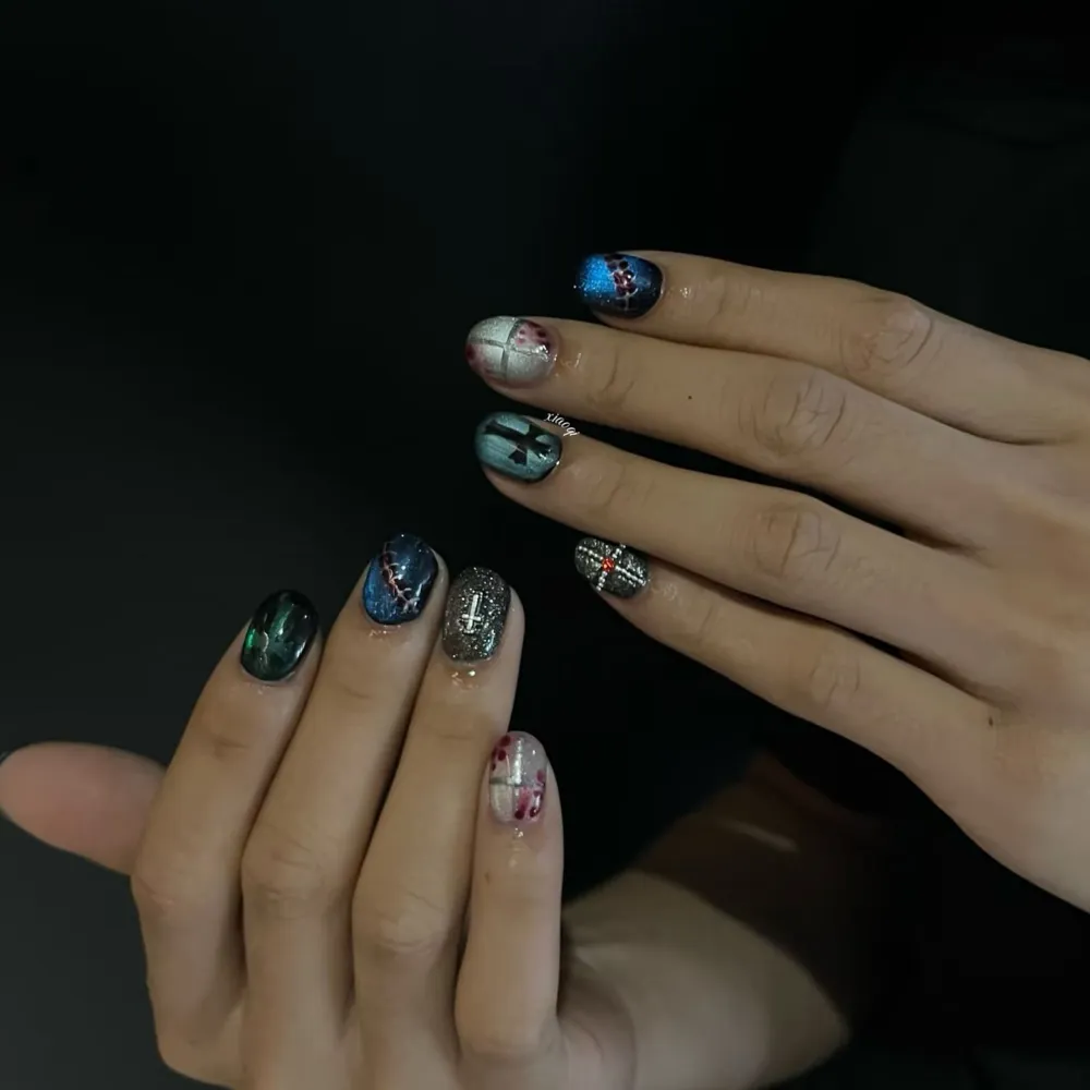 Nailhour 10Pcs Y2K Gothic Cat Eye Short Squoval Press On Nails