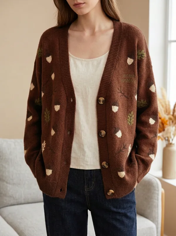 Acorn Leaf Pattern Embroidered Women's Knit Cardigan