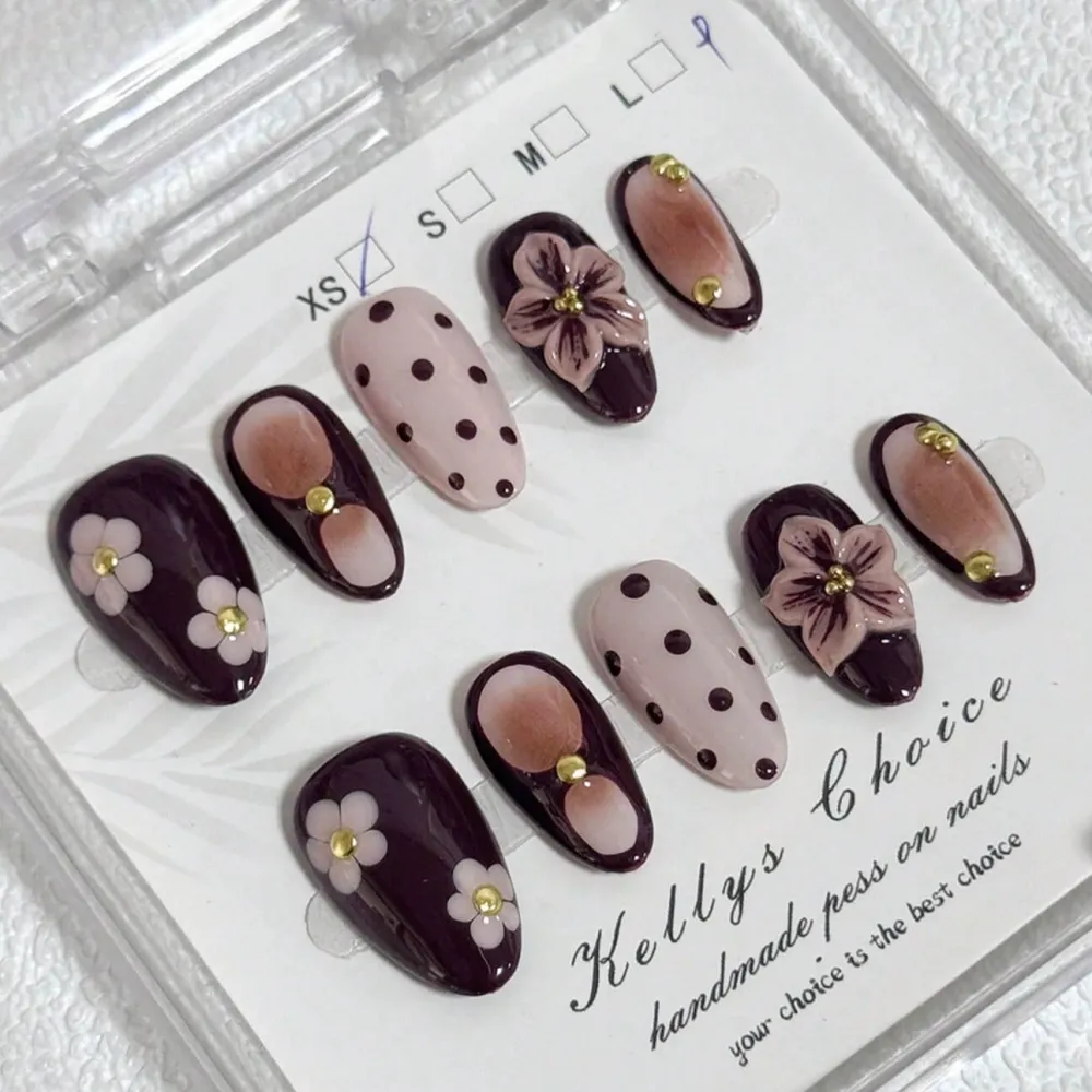 Nailhour 10Pcs Handmade 3D Medium Almond Brown Floral  Press On Nails
