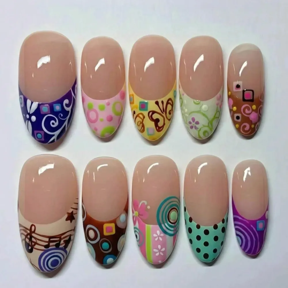 Nailhour 30pcs Long Almond  French Flower And Polka Dot Press On Nails