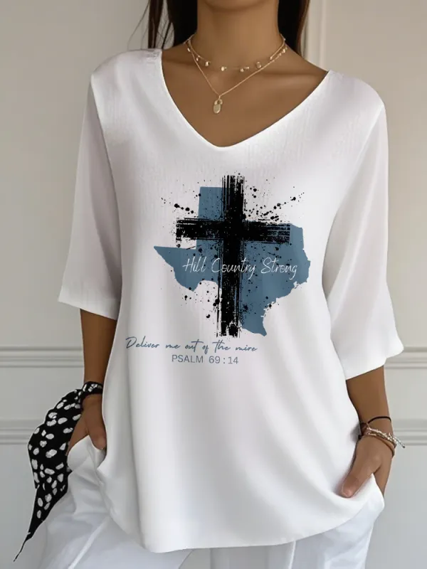 Ladies Casual Style HILL COUNTRY STRONG All-Match V-Neck Shirt
