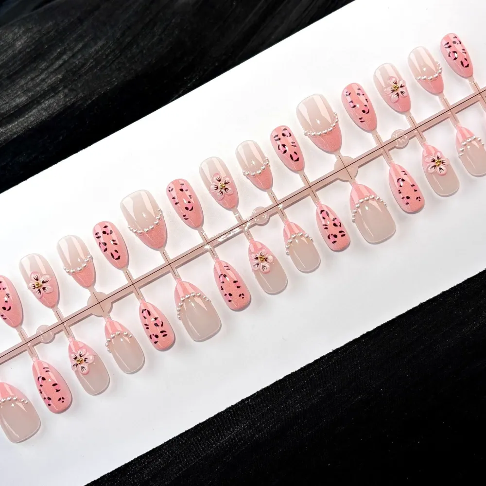 Nailhour 30Pcs Pink Pearl 3D Medium Almond French Press On Nails