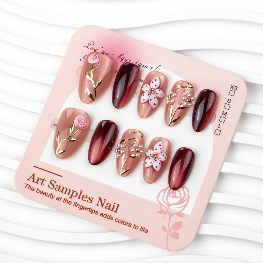 Nailhour 30Pcs Floral Gilded 3D Cat Eye Medium Almond French Press On Nails