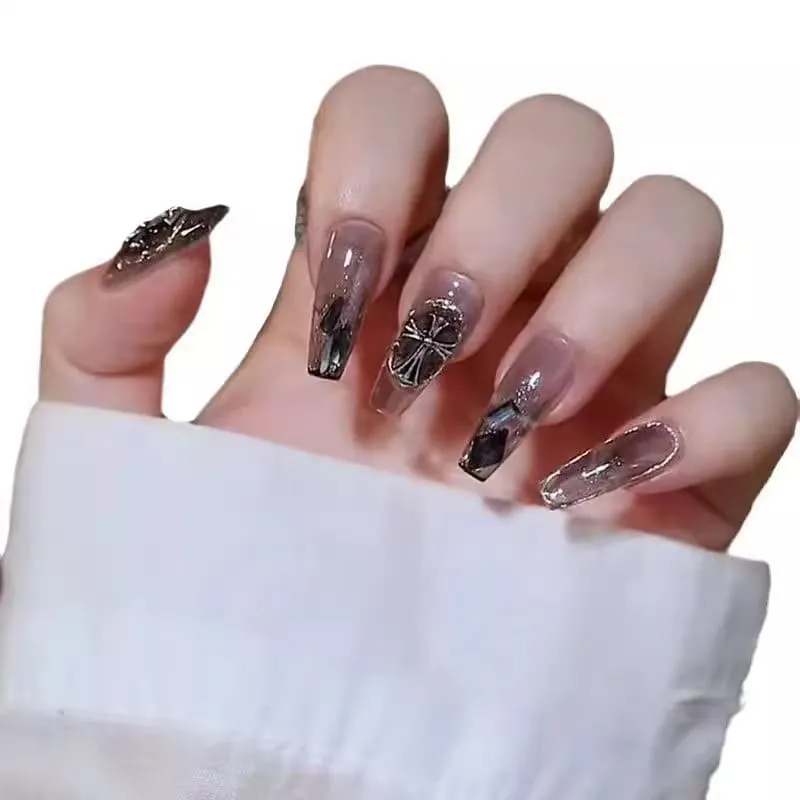 Nailhour 24Pcs Gothic 3D Medium Coffin Dark French Press On Nails