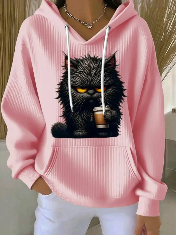 Casual Black Cat Print Hoodie For Women