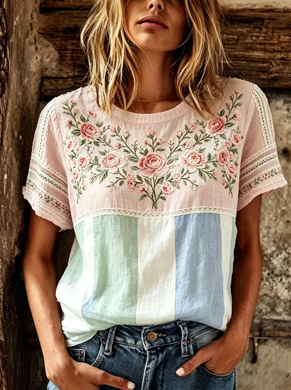 Ladies' Casual Patchwork Floral Personalized Printed Round Neck Short Sleeved T-Shirt
