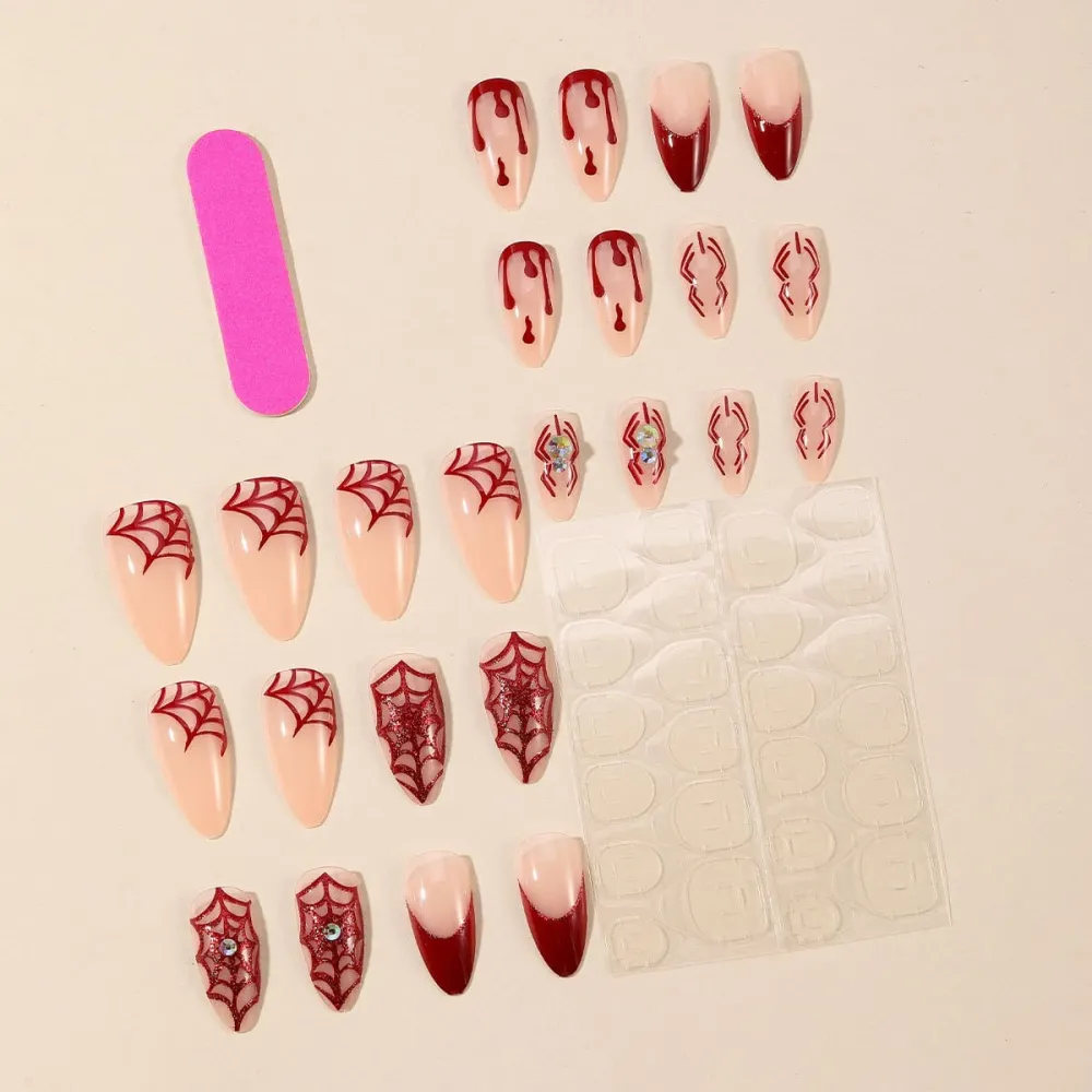 Nailhour 24Pcs Halloween Red Spider Web Medium Almond Press On Nails