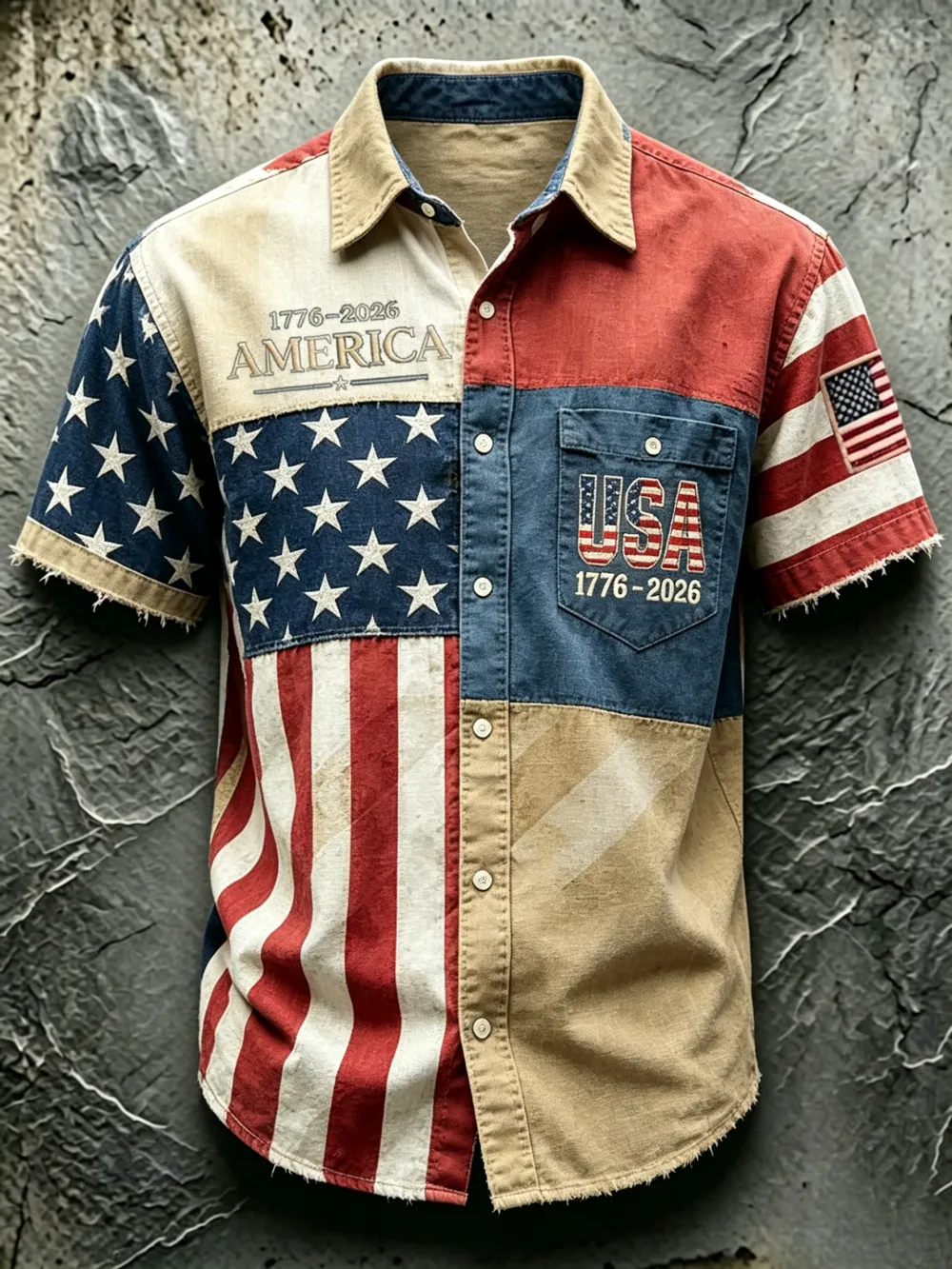Men'S Casual American Flag Patchwork Printed Pocket Short Sleeved Shirt