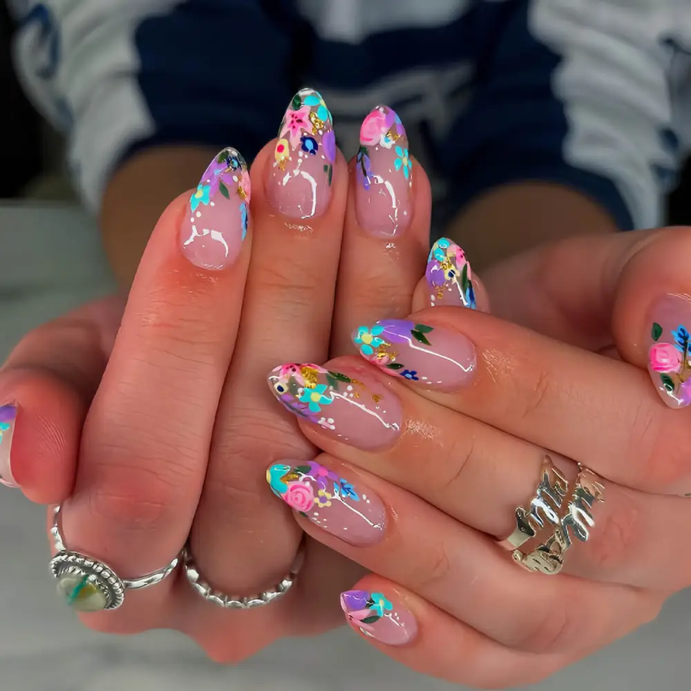 Nailhour 24Pcs Multicolor Floral Glitter Medium Almond Press On Nails