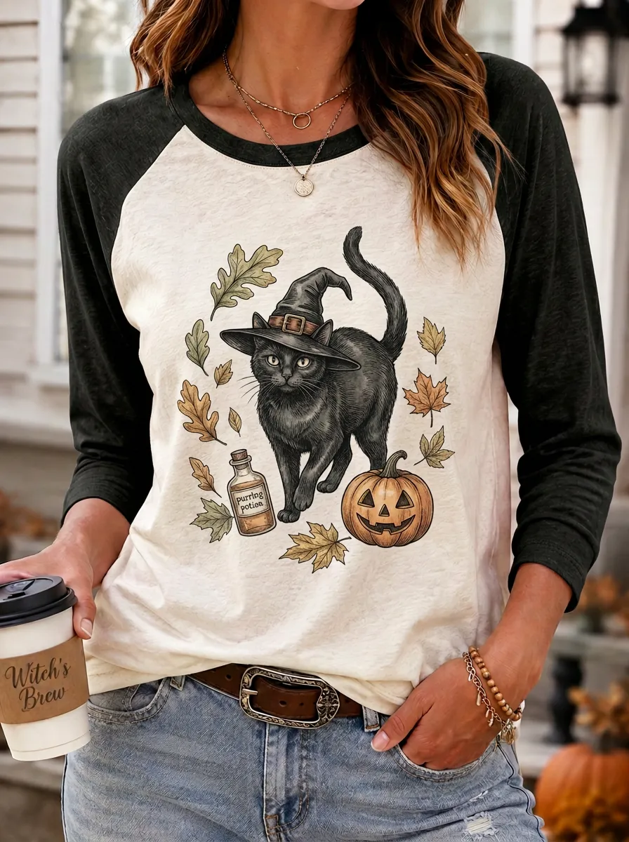 Women's Halloween Cat Witch Pumpkin Potion Printed T-shirt
