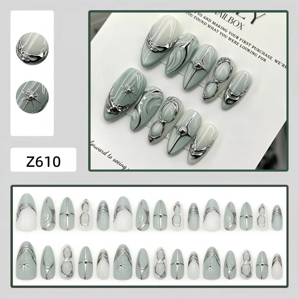 Nailhour 30Pcs Cool Tones Gradient 3D Medium Almond French Press On Nails