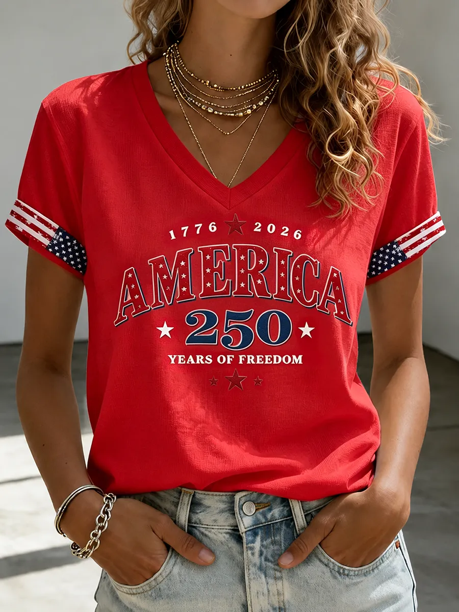 Women's Casual American 250 Celebration Printed V-Neck T-Shirt