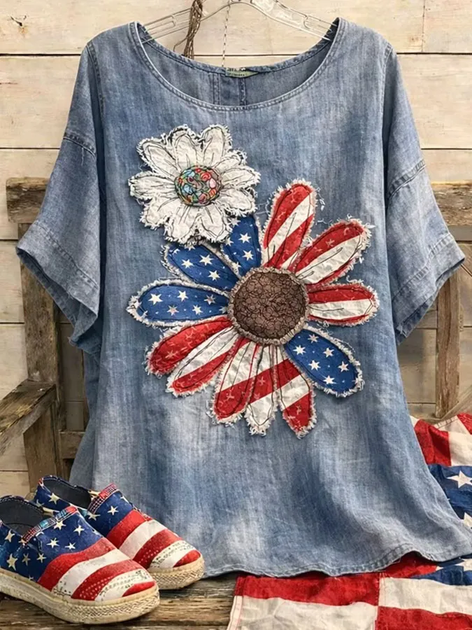 Women's casual linen flowers Independence Day Patriot printed short sleeved T-shirt