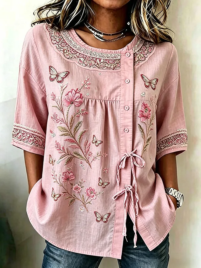 Women's casual floral cotton linen short sleeved shirt