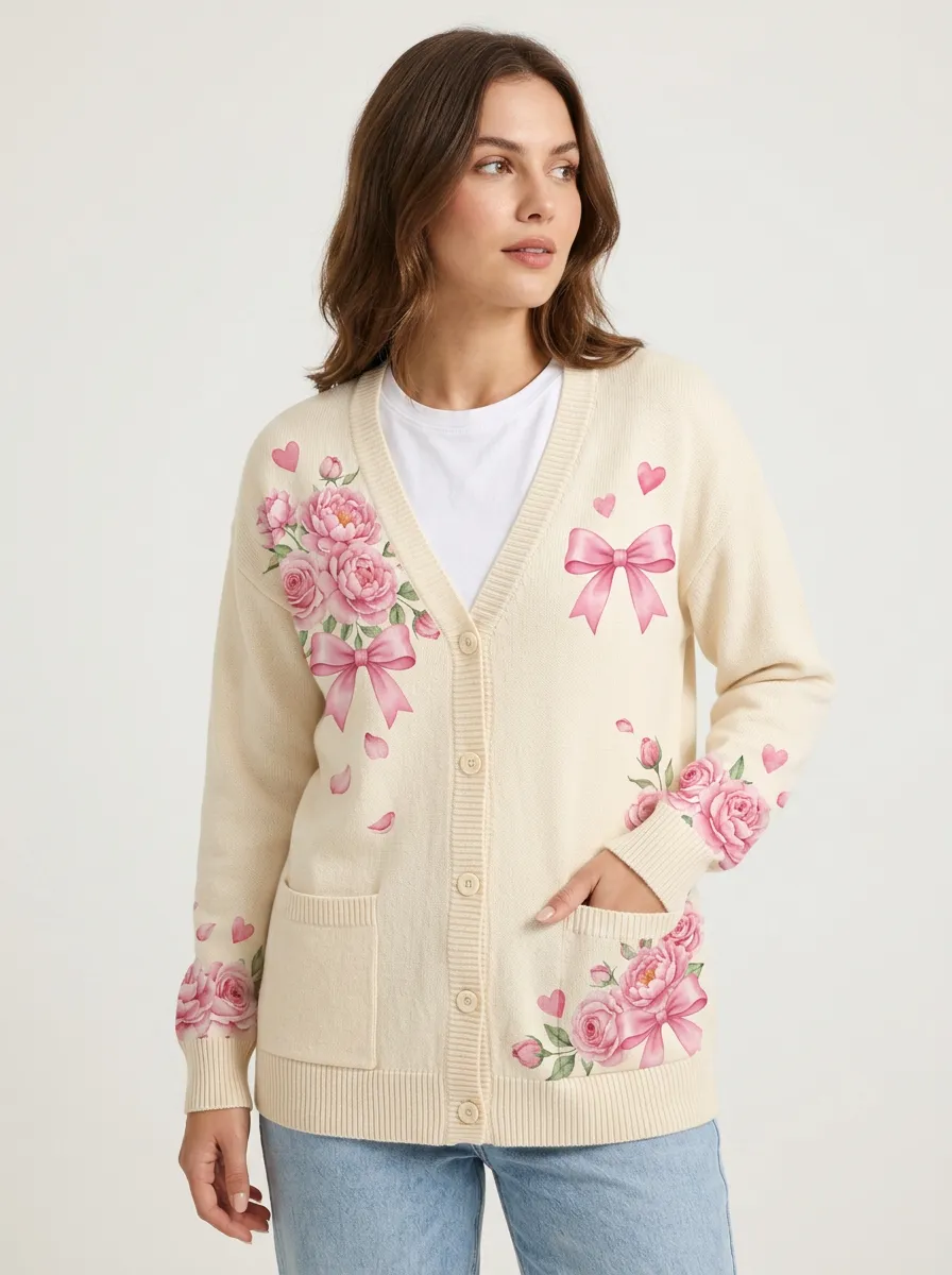 Women's Breast Cancer Awareness Pink Rose Bow Printed Cardigan