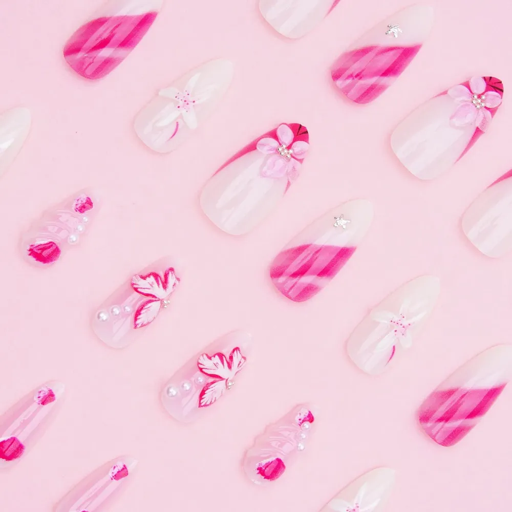 Nailhour 24Pcs Star Floral Pink 3D Medium Almond French Press On Nails