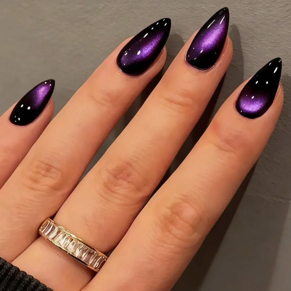 Nailhour 24Pcs Purple Cat Eye Yearly Gothic Medium Almond Press On Nails