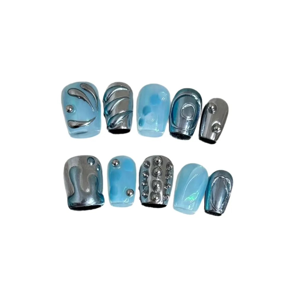 Nailhour 10Pcs Chrome 3D Blue Y2K Handmade Short Coffin Press On Nails