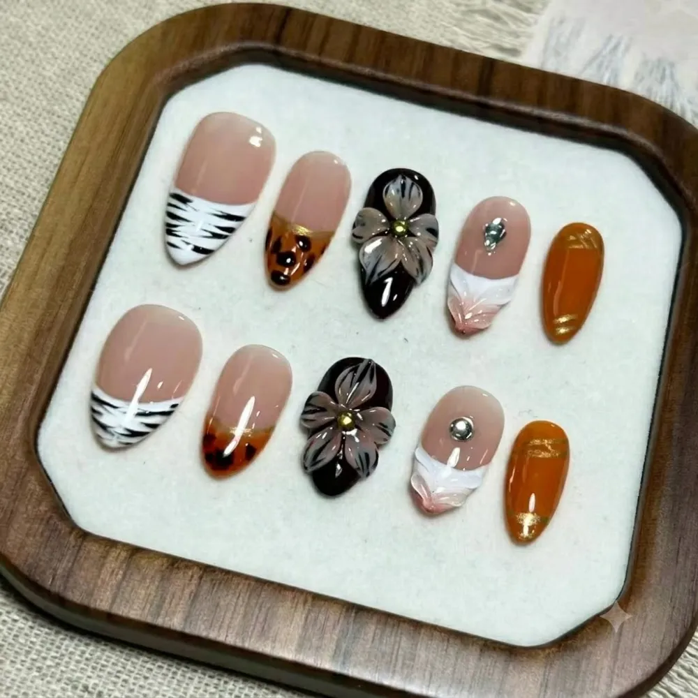 Nailhour 30pcs Autumn 3D Medium Almond Press On Nails