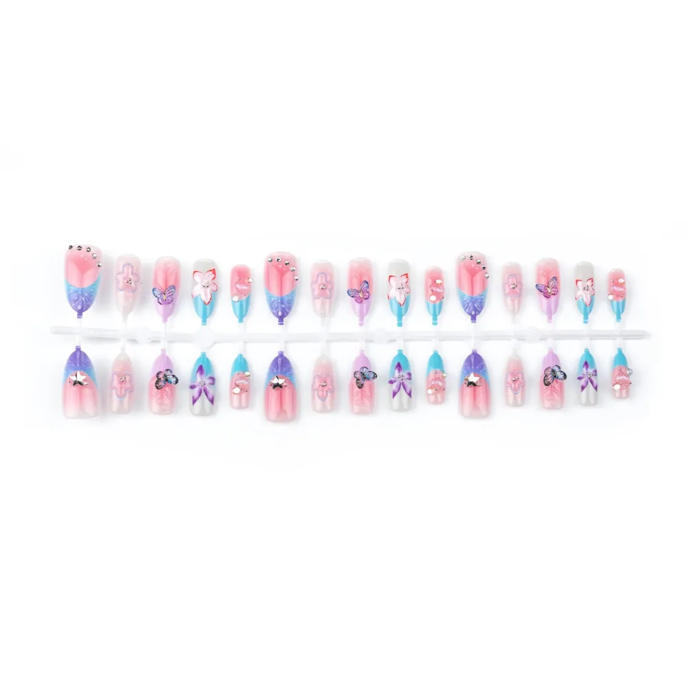Nailhour 30Pcs Floral 3D Medium Almond Pink Purple French Press On Nails