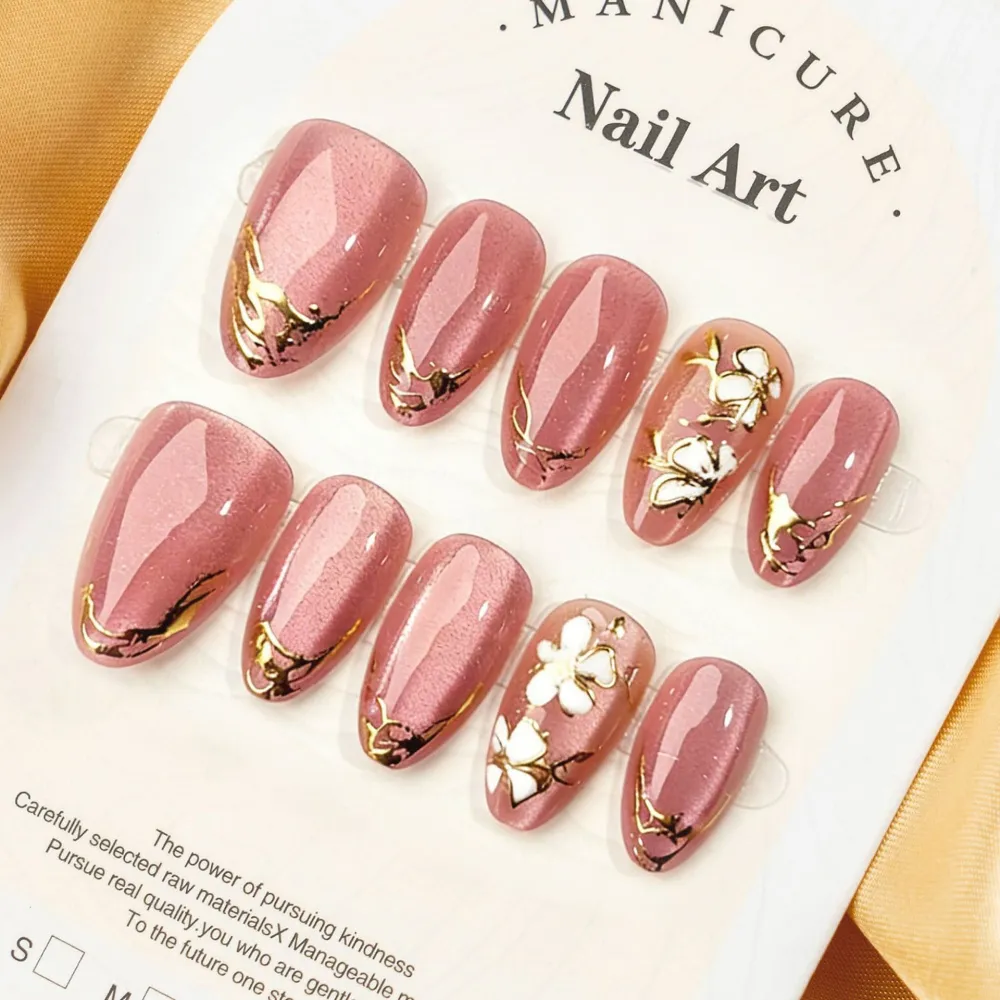 Nailhour 10Pcs Pink Cherry Blossoms Medium Almond Gilded Press On Nails