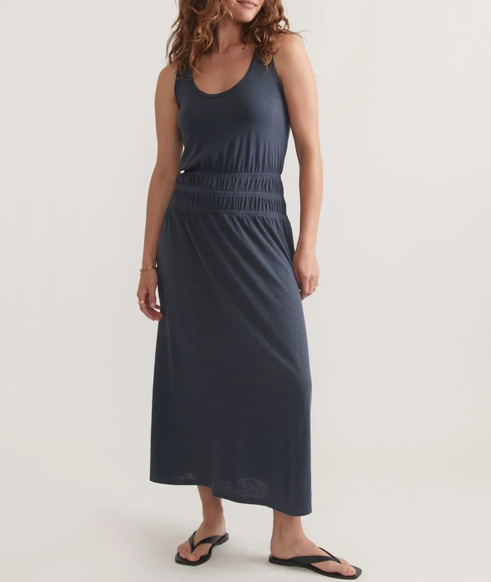 Navy Slub Fabric Midi Dress