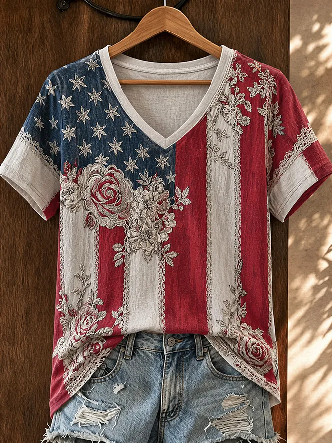 Women's Retro Independence Day Printed V-neck Cotton Hemp Top