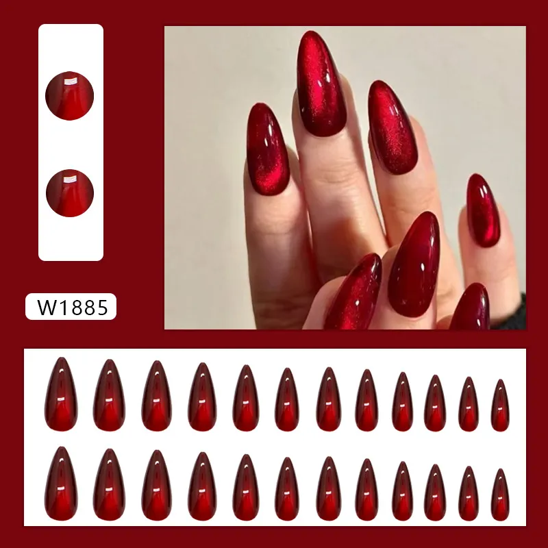 Nailhour 24Pcs Red Party Minimalist Long Cat Eye Press On Nails