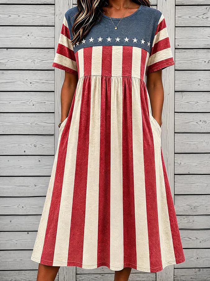 Women's National Flag Floral Print Cotton Linen Short-Sleeved Dress