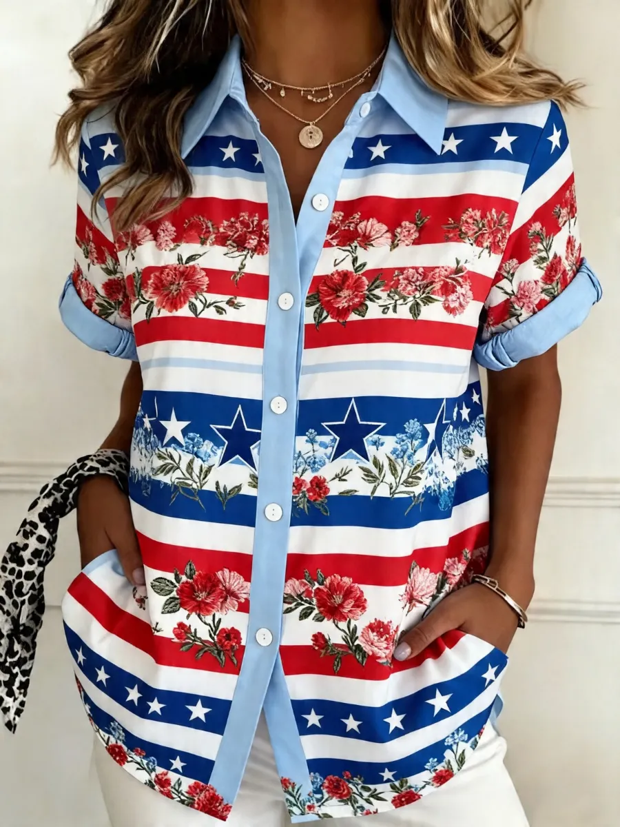 Women's Casual American Retro Pentagram Printed Shirt