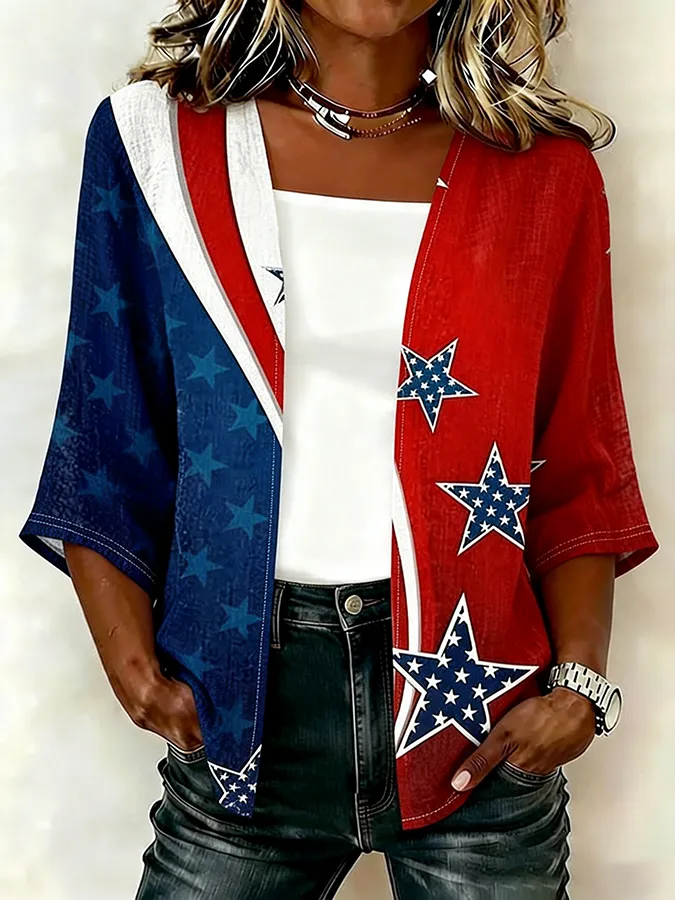 Women'S Casual Loose Independence Day Patriotic Cardigan