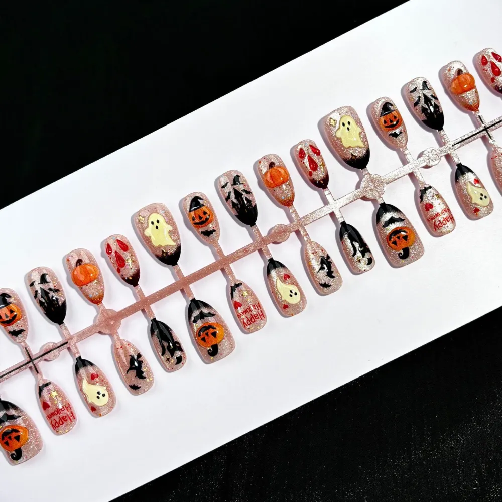 Nailhour 30Pcs Halloween 3D Medium Almond Pumpkin Press On Nails