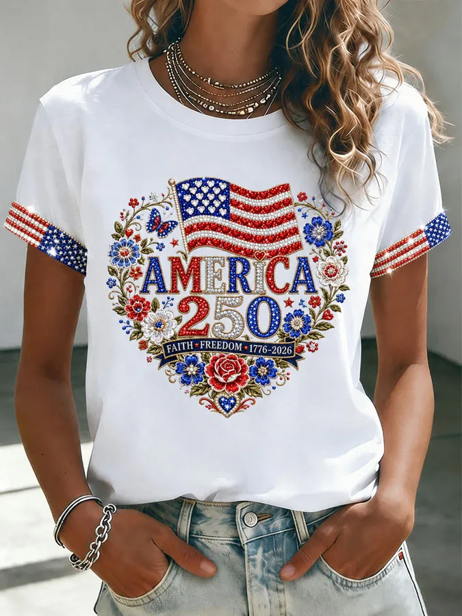 Women'S American Independence Day 250Th Anniversary Printed Short Sleeved T-Shirt