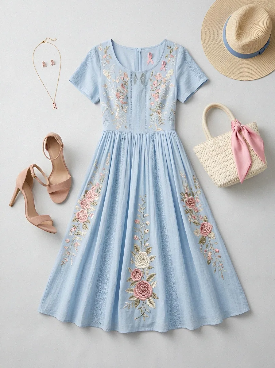 Women's Breast Cancer Awareness Floral Rose Embroidered Printed Dress