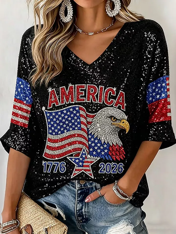 Ladies' Casual American 250Th Anniversary Sequin Inlaid Brick Personalized Print V-Neck Mid Sleeve Top