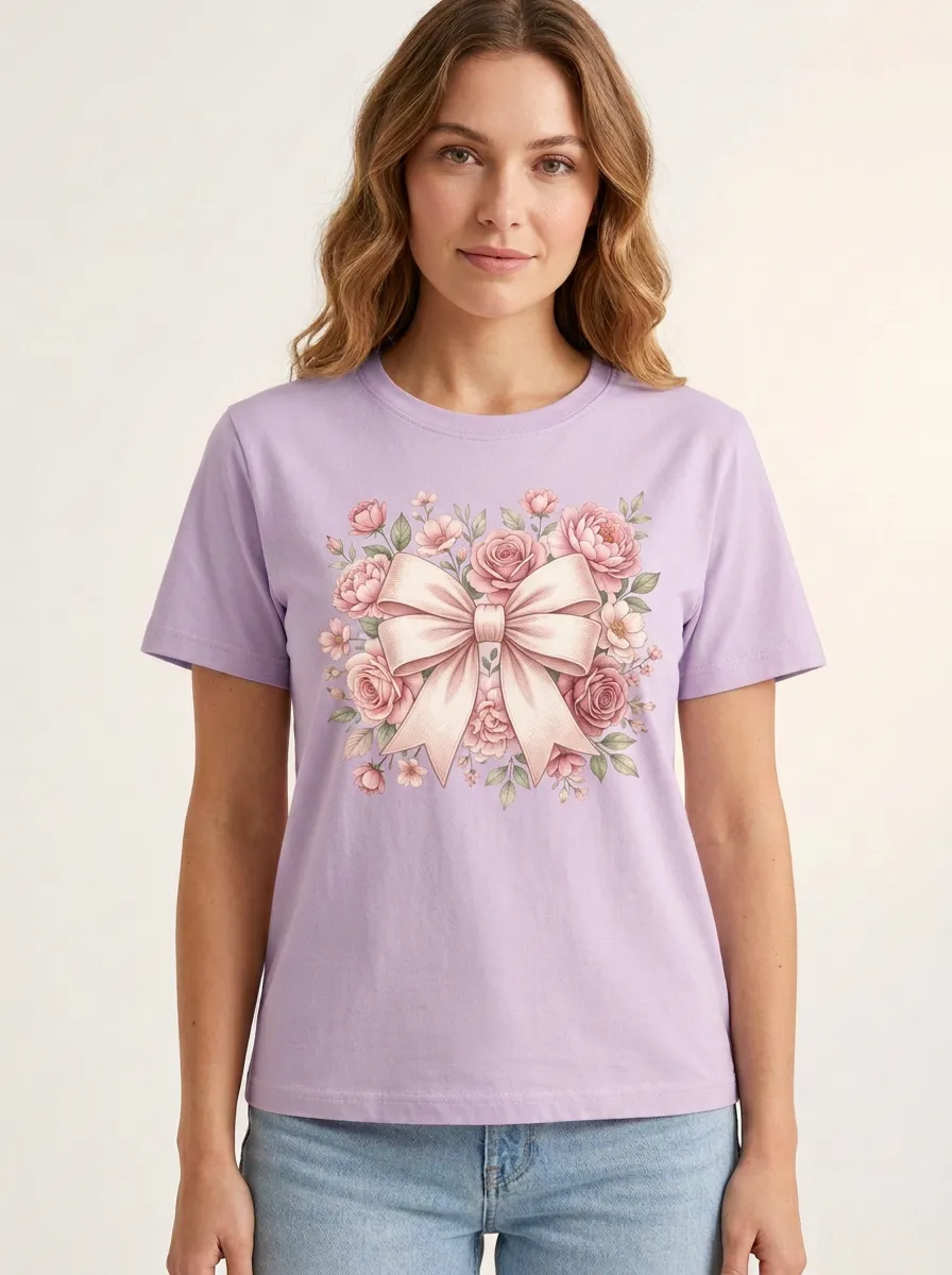 Women's Breast Cancer Awareness Pink Bow Floral Printed T-shirt