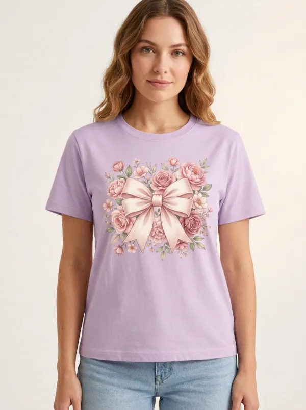 Women's Breast Cancer Awareness Pink Bow Floral Printed T-shirt
