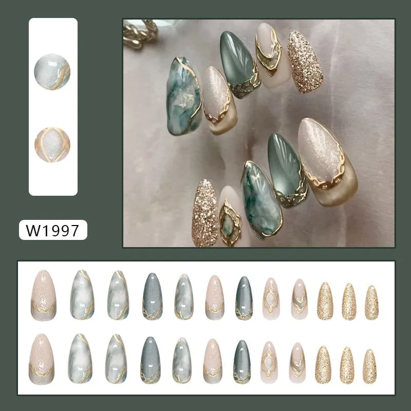 Nailhour 24Pcs Cat Eye Irregular Gilded Medium Almond French Press On Nails