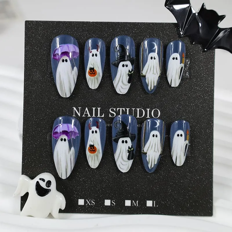 Nailhour 24Pcs Halloween Medium Almond Blue Ghost Press On Nails
