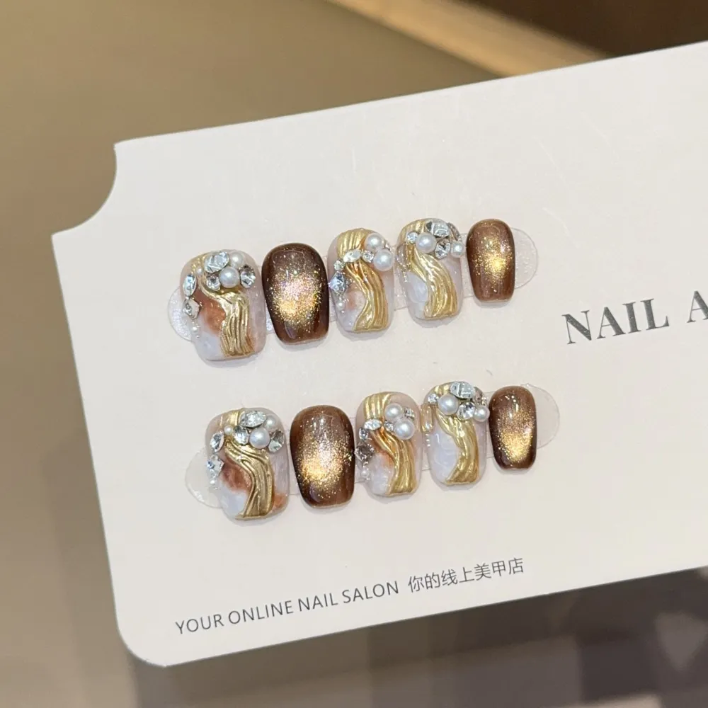 Nailhour 10Pcs Autumn Gilded 3D Handmade Short Square Press On Nails