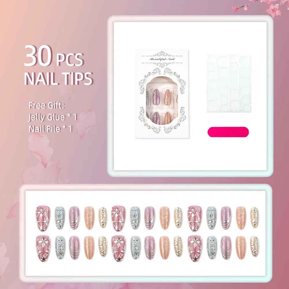Nailhour 30Pcs Sweet Cat Eye Medium Almond French Press On Nails