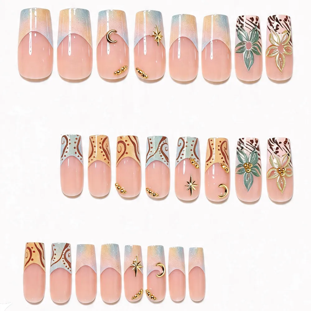 Nailhour 3D Green Floral 24Pcs 3D French Press On Nails