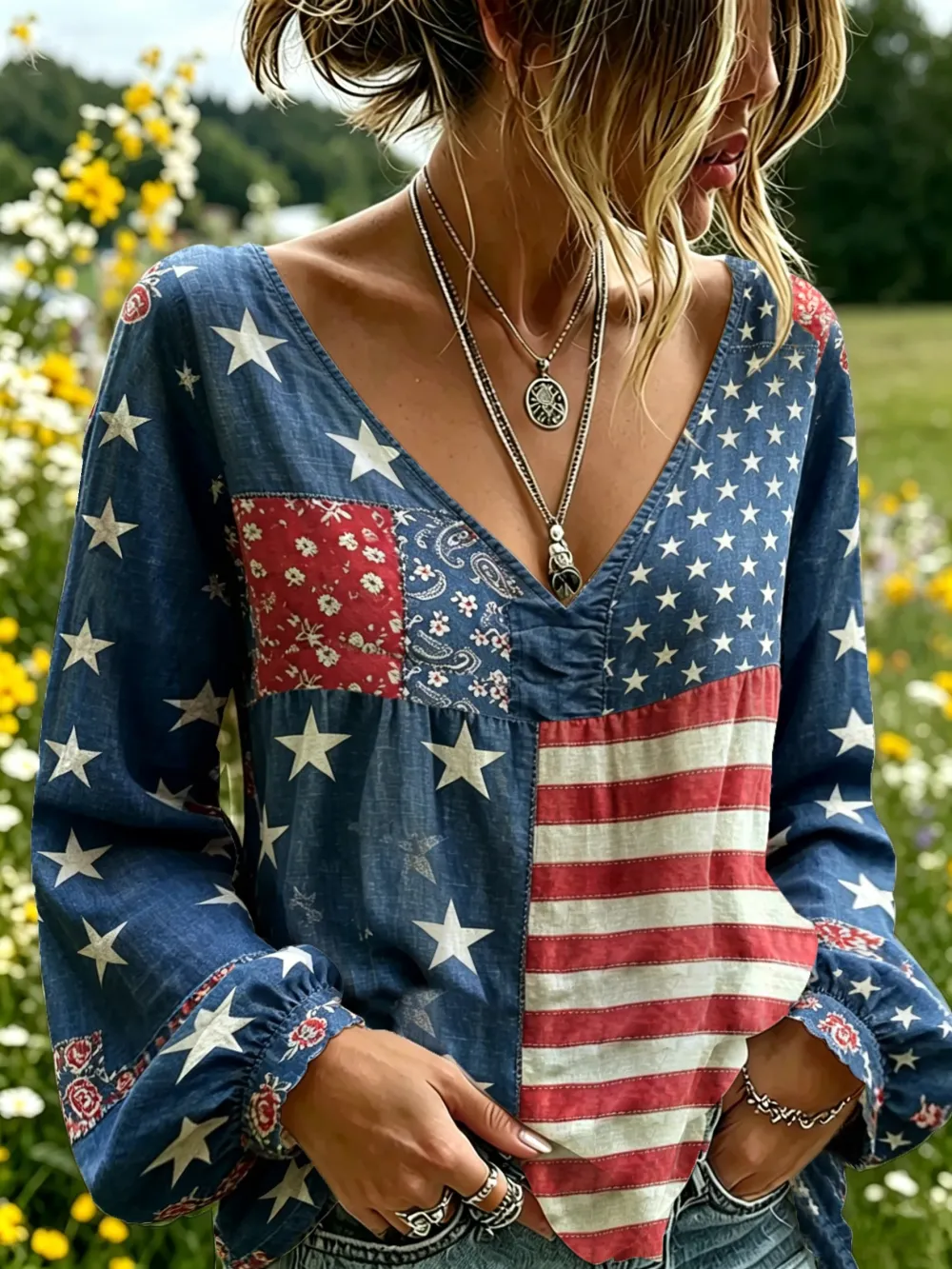 Women's 250th Anniversary Freedom Flower Art Print Casual V-Neck Top