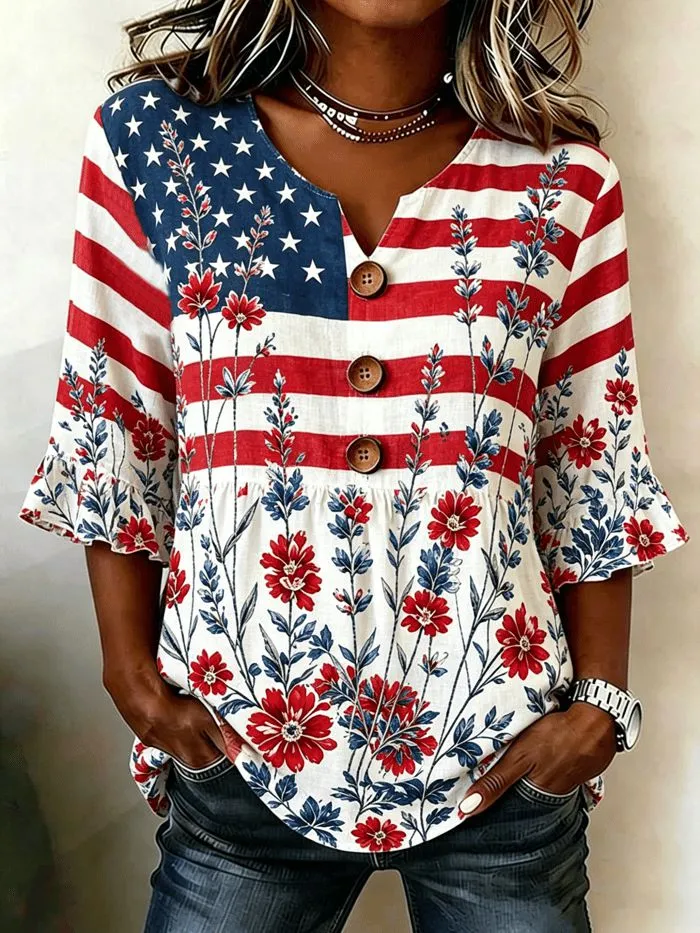 Women's Casual Patriotic 250th Anniversary Cotton Linen Shirt