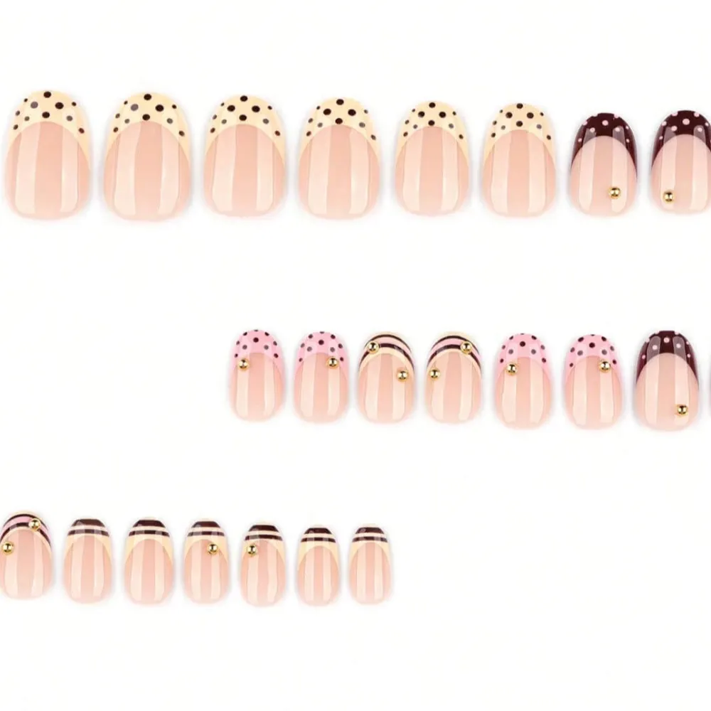 Nailhour 24Pcs Rhinestone French Short Almond Press On Nails