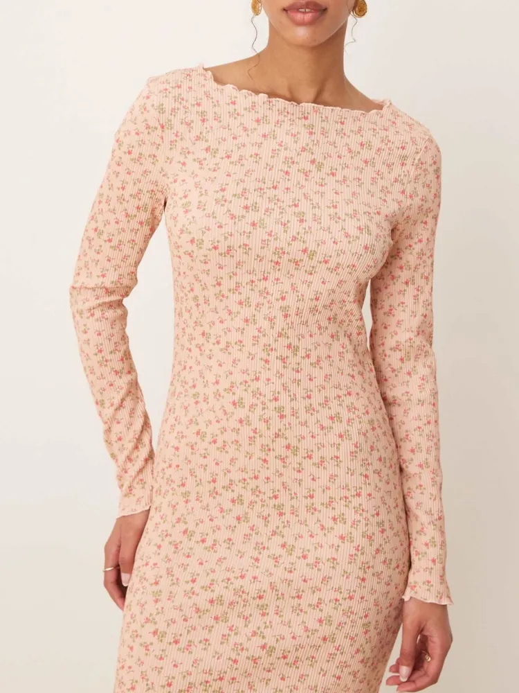 Ribbed Floral Long Sleeve Dress