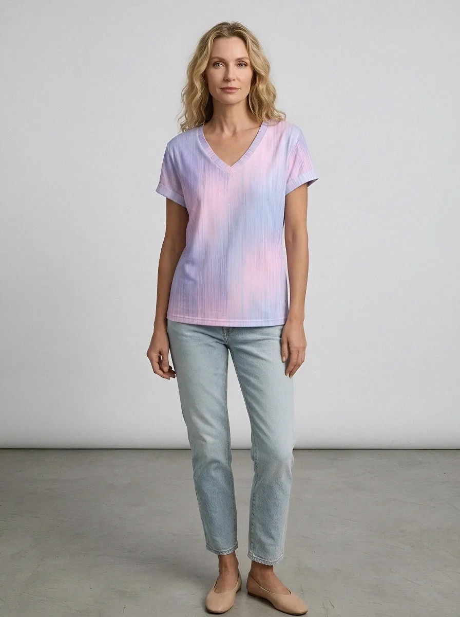 Women's Breast Cancer Awareness Pink Purple Vertical Stripe Printed V-neck T-shirt