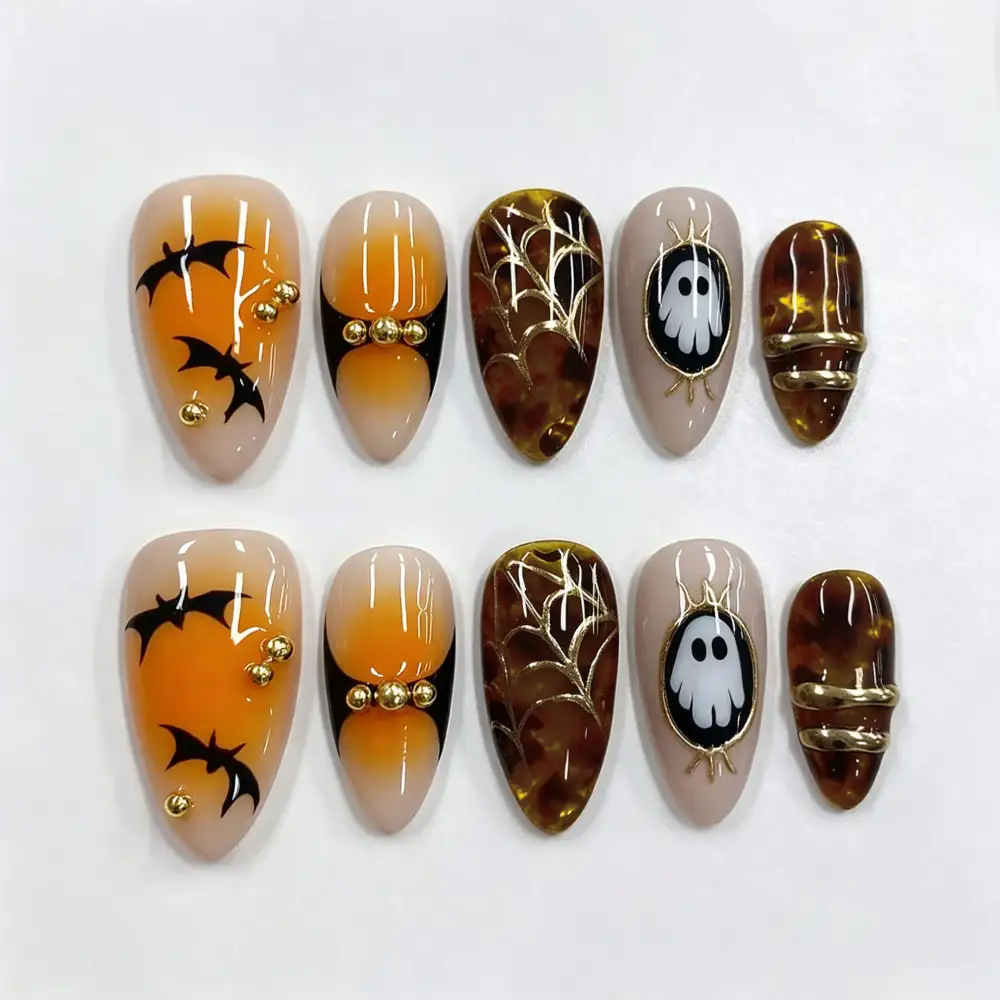 Nailhour 30Pcs Gilded Handmade Medium Almond Press On Nails